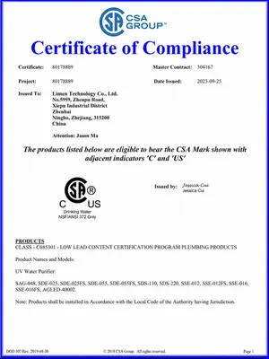 CSA Certificate of Compliance – UV Water Purifier