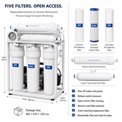 Water purifier dimensions and filter maintenance