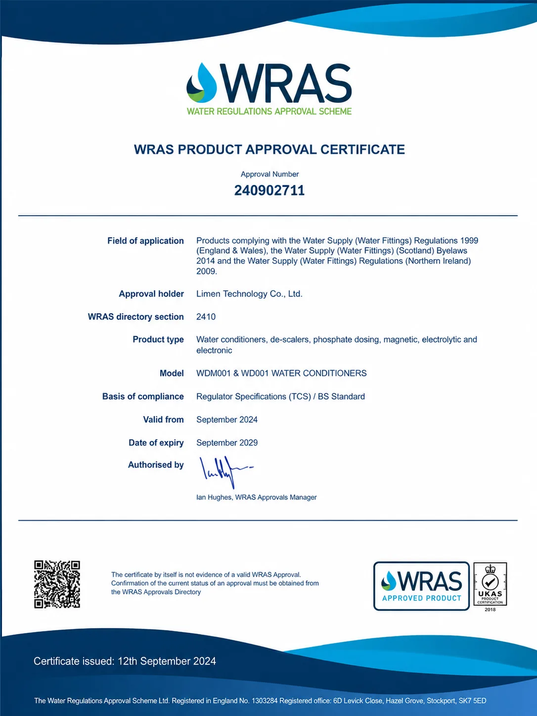 WRAS Product Approval Certificate – Water Conditioners