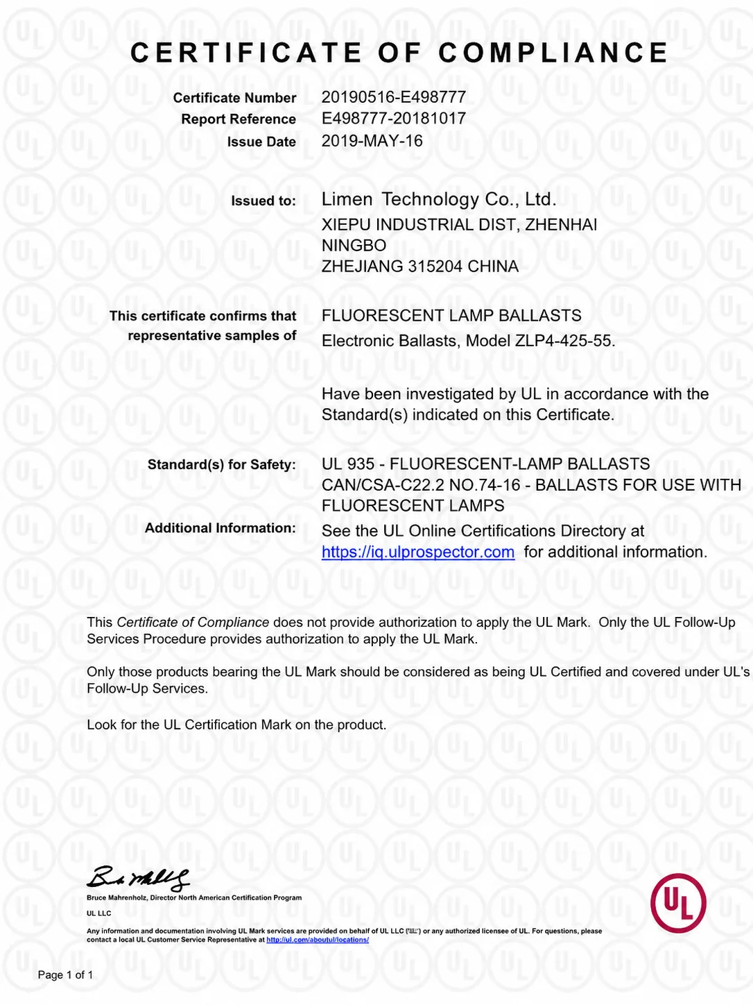 UL Certificate of Compliance – Electronic Ballast