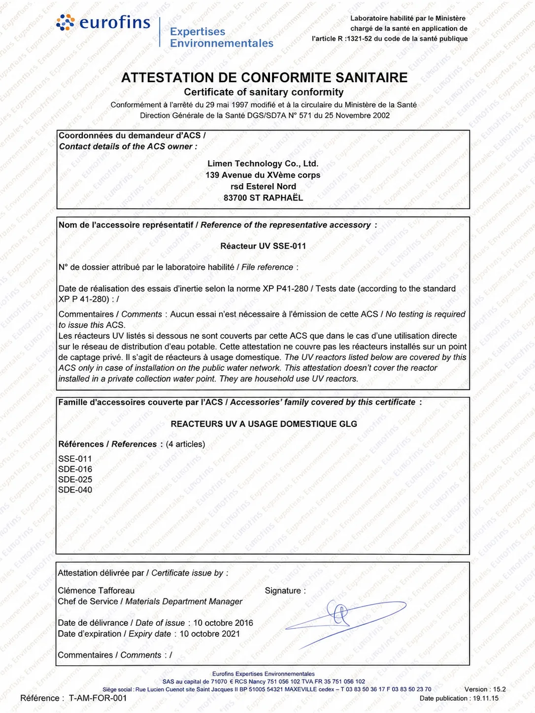 Eurofins ACS Sanitary Conformity Certificate – Household UV Reactors