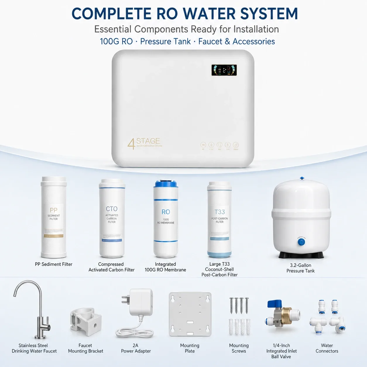 4-Stage Slim 100G Under-Sink RO Water Purifier with 3.2G Tank