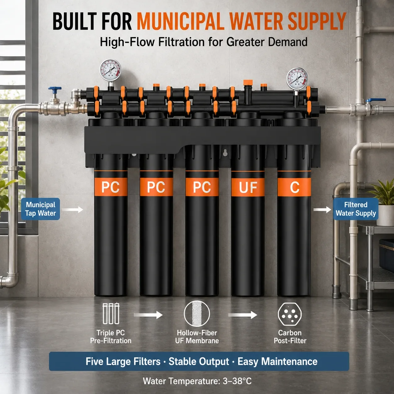 Municipal water filter installation example