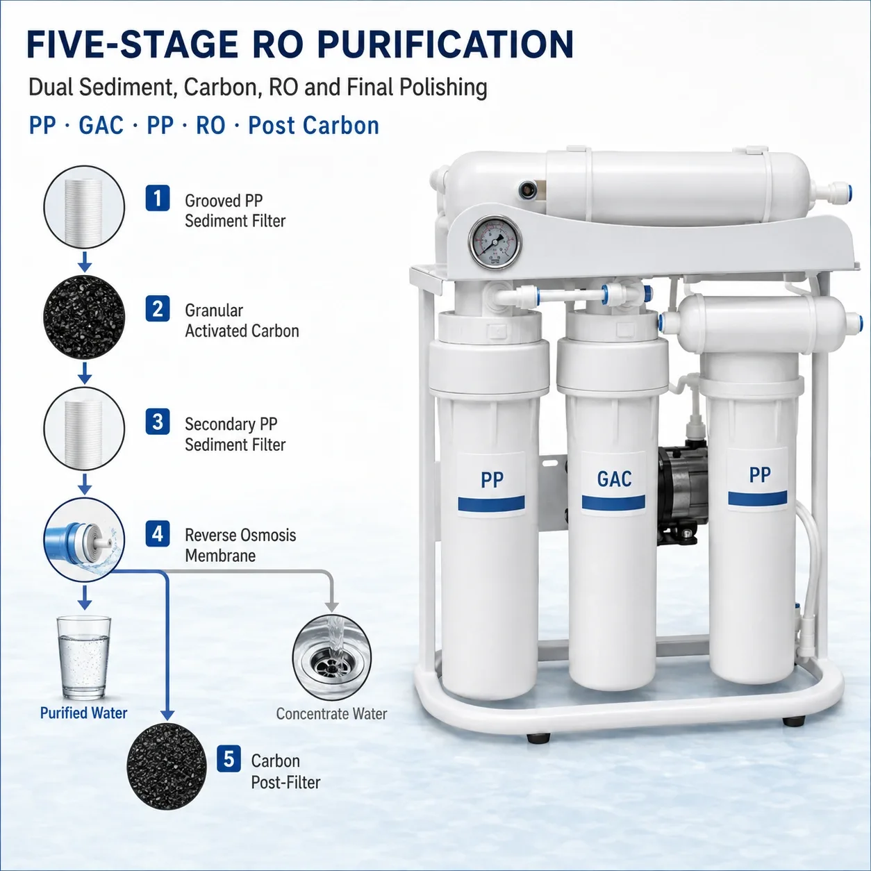 Five stage RO water purification