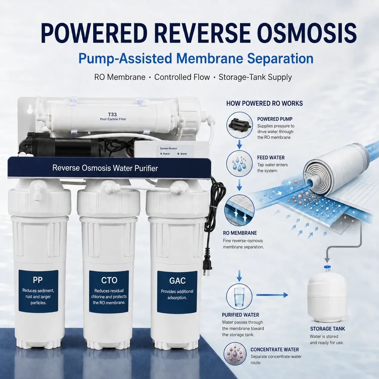 Powered reverse osmosis water purifier
