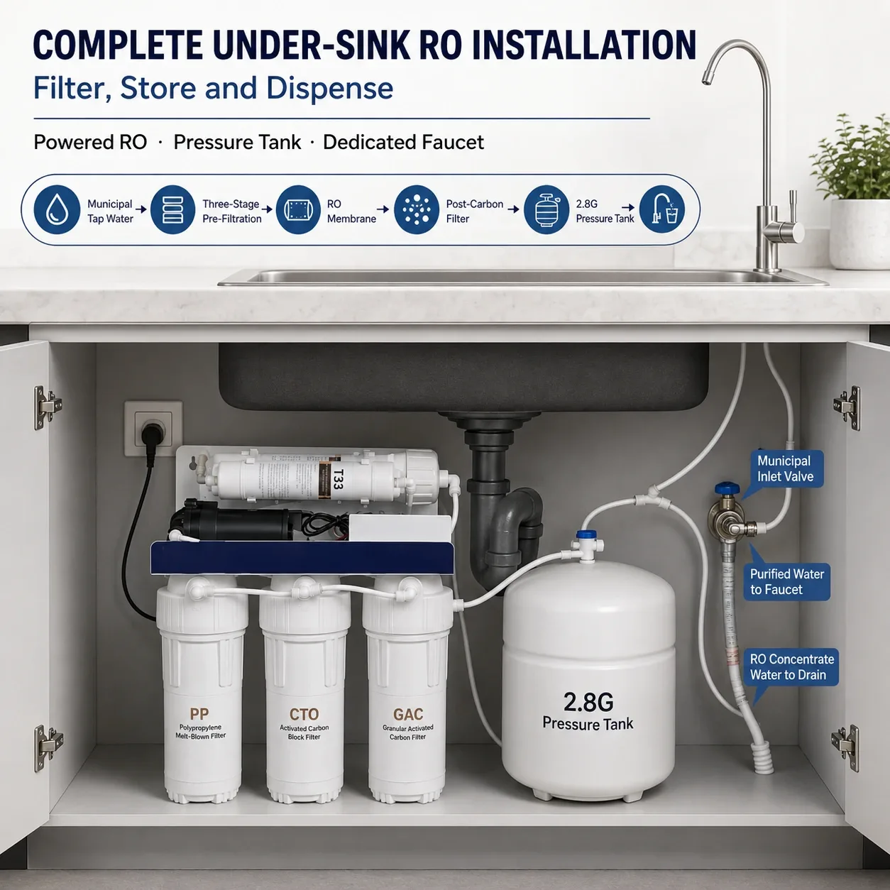 Complete under-sink RO installation example