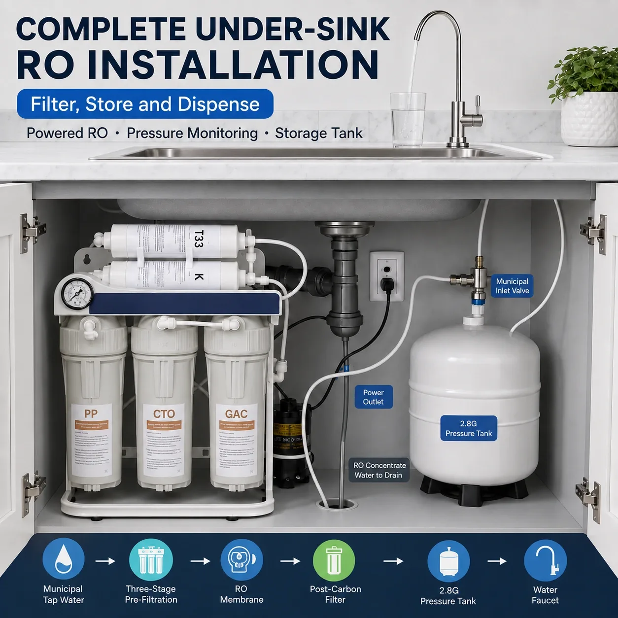 Complete under-sink RO installation example