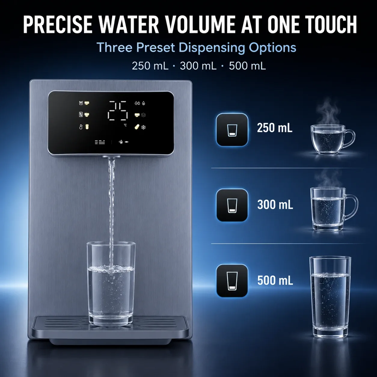 Instant water dispenser with three preset volumes