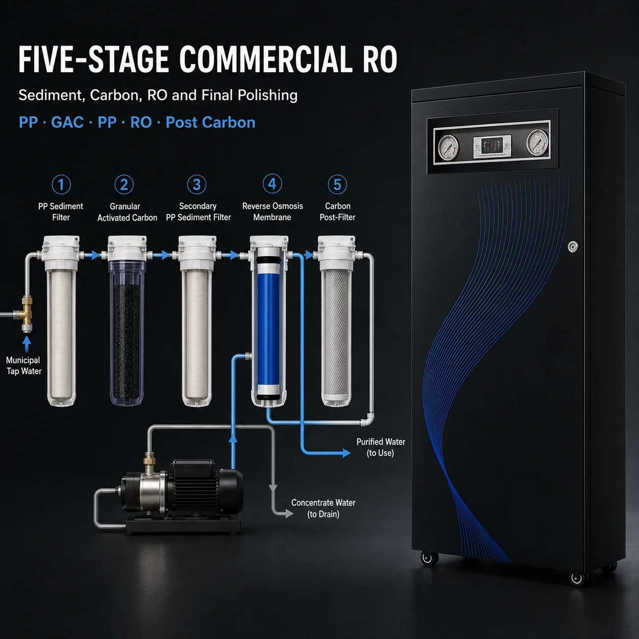 Five-stage commercial RO water purification system
